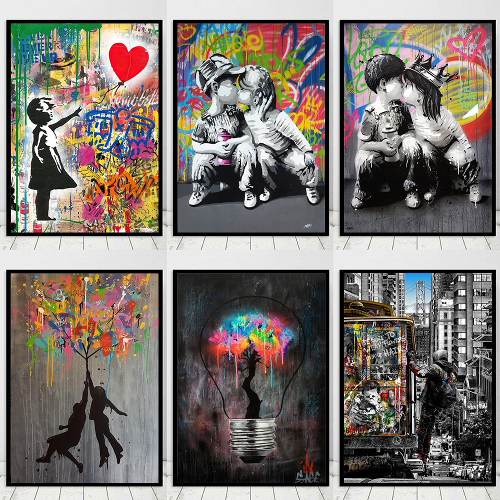Cross border hot street graffiti art love boy and girl canvas painting poster wall art modern decorative painting