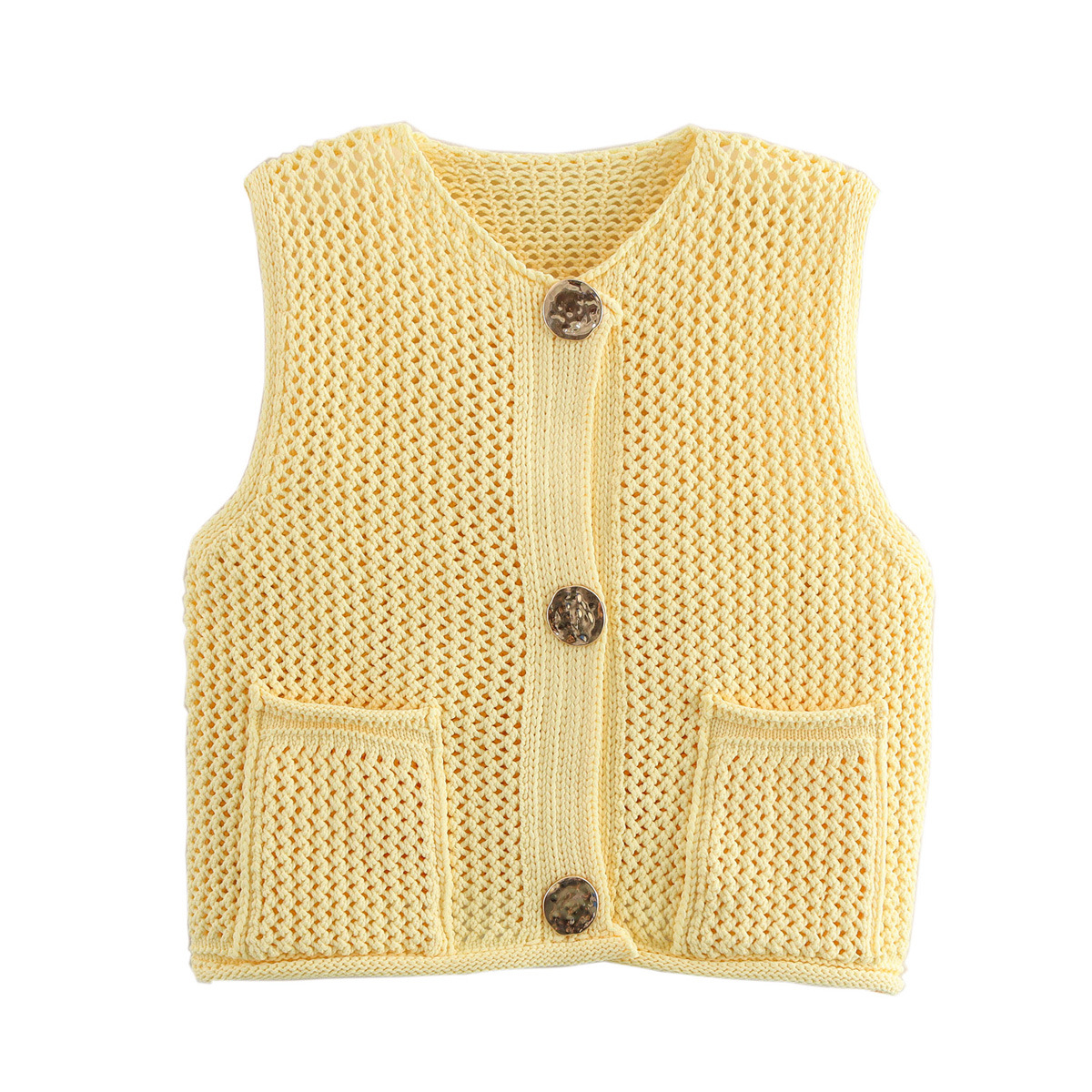 Picture of Women's Solid Color Fashion Hook Needle Hollow Single Breasted Vest 2024 Autumn and Winter New European and American Cross-border Wool Vest