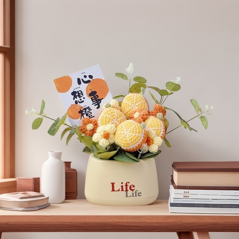 Picture of Creative bouquet knitted flowers diy material hand-woven potted finished desktop ornaments send goddess send mother