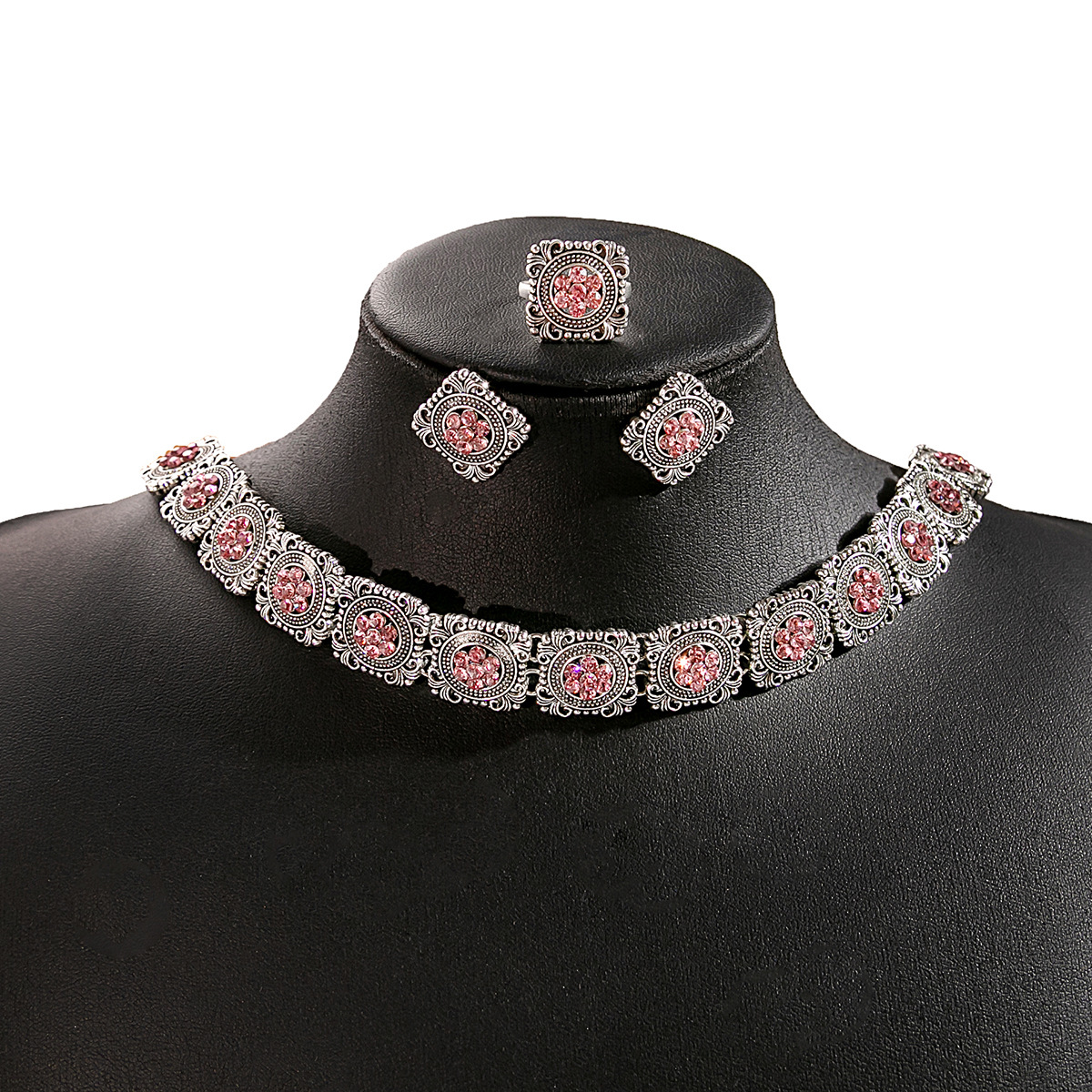Picture of European and American Luxury Flower Jewelry suit Retro Tassel Round Gem Necklace Geometric Water Drops Square Earrings for Women