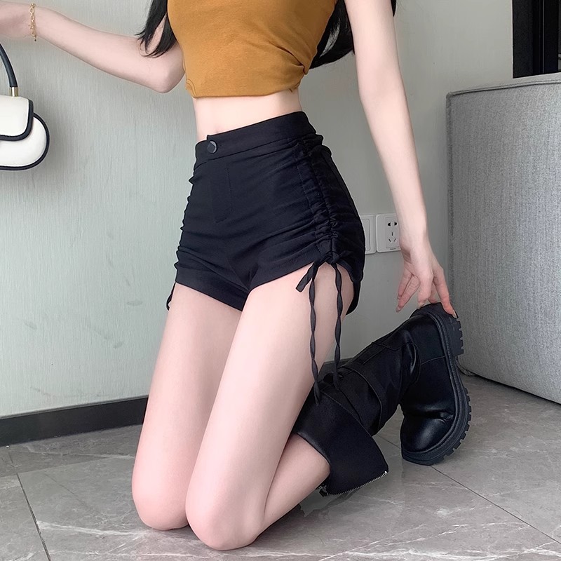 American Style Spice Girls Black High Waist Casual Pants Women's Summer Small Tight Slimming Drawstring Shorts Irregular Hot Pants