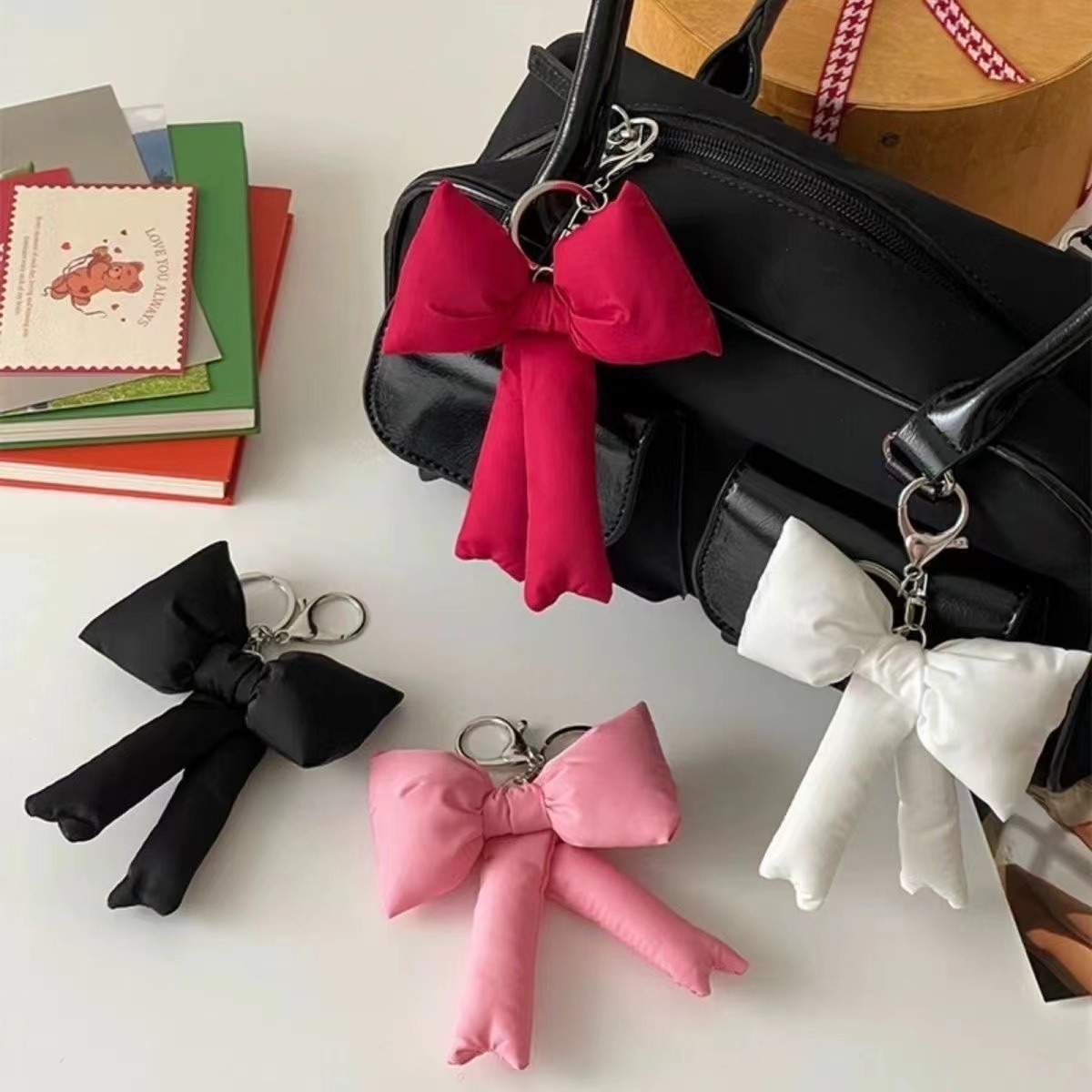 South Korea Dongdaemun Ins Style Simple Bow Tie Bag Pendant Solid Color Cotton Fabric Girl's Heart Keychain Accessories