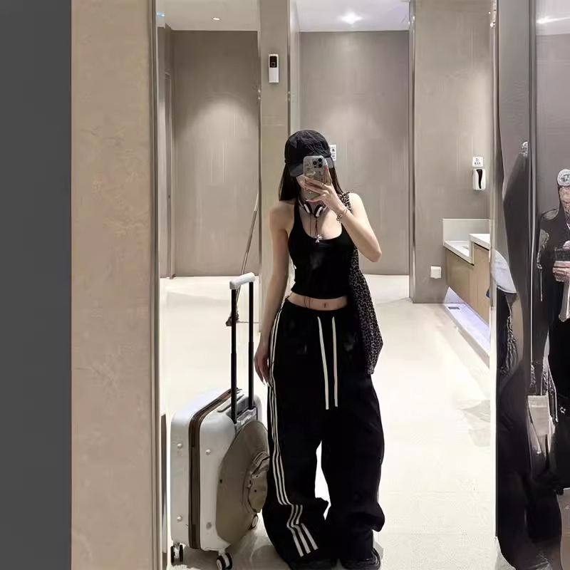 American Style Retro Wide Leg Pants Women's 2024 Summer Thin Loose Striped Straight Leg Pants Casual Sports Trousers