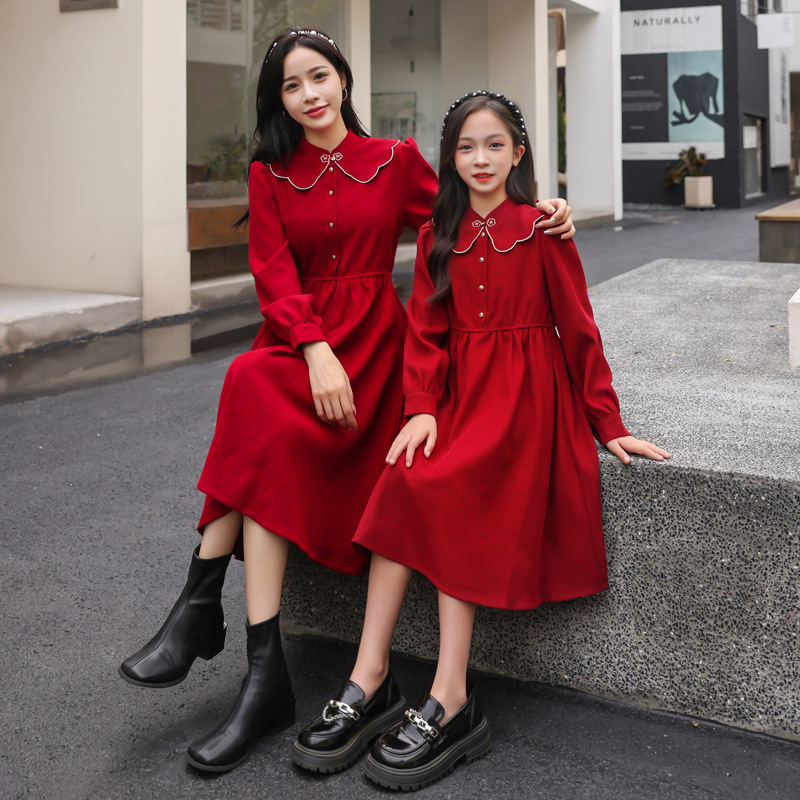 Girl's Retro Dress Autumn and Winter Western Style Princess Dress Children's Red New Year Clothes New Year Dress