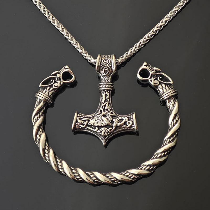 Picture of European and American Cross-border Explosions Viking Retro Rune Hammer Necklace Wolf Head Bracelet Viking suit Jewelry Accessories Wholesale
