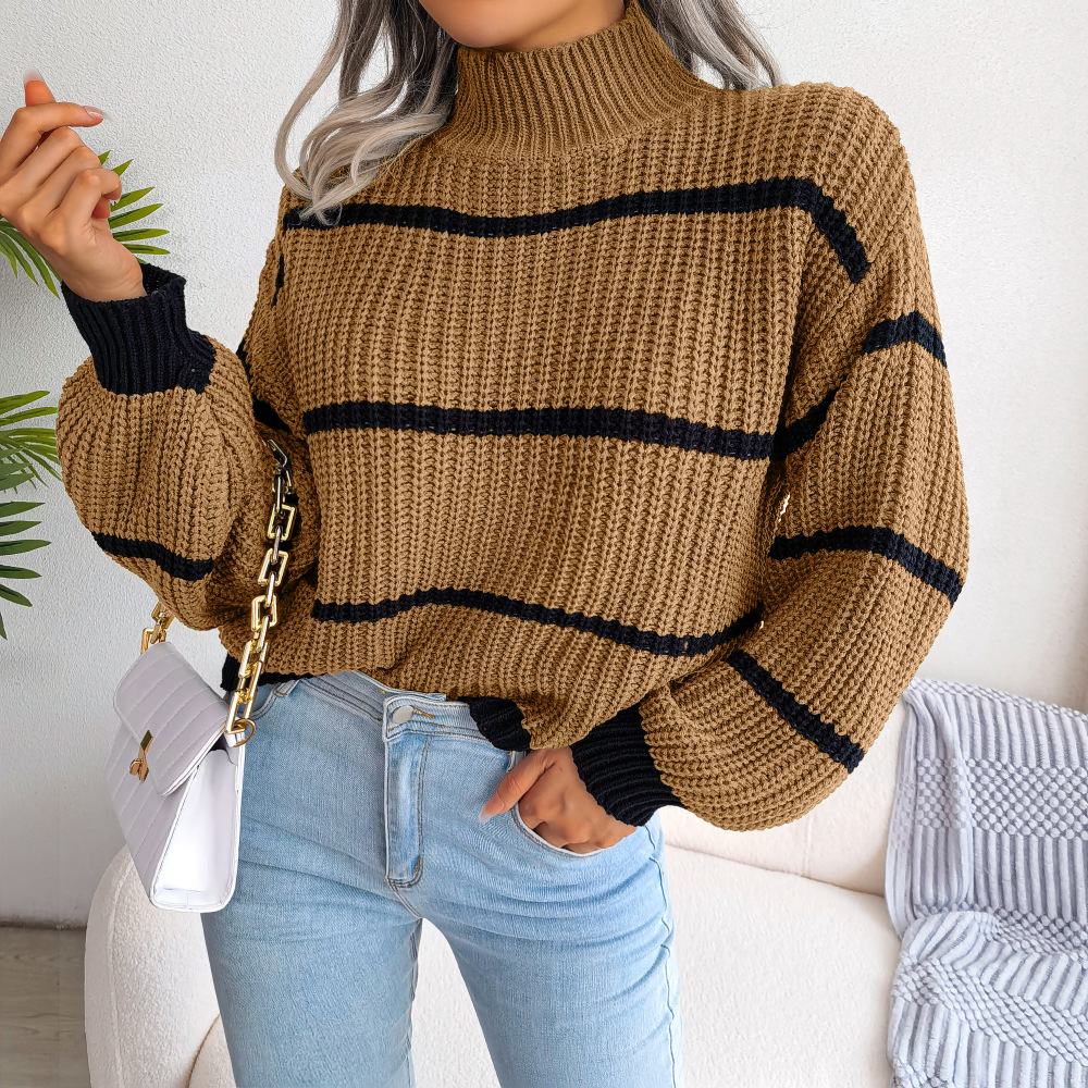Picture of Real Shot of 2025 Autumn and Winter European and American Casual Stripesd Lantern Sleeve Half Turtleneck Knitted Sweater Amazon Cross-Border Women's Clothing