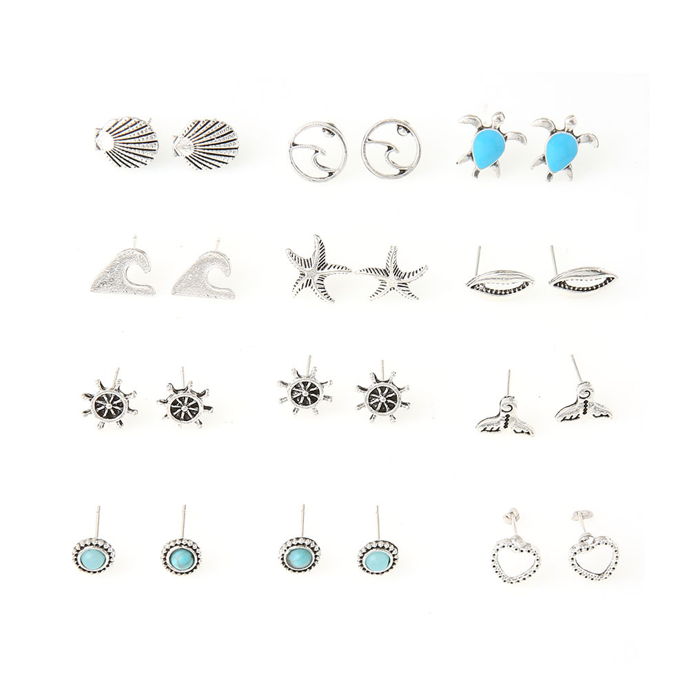 Picture of Europe and the United States cross-border new jewelry simple dripping turtle stars wave shell turquoise 12 pairs of set earrings wholesale