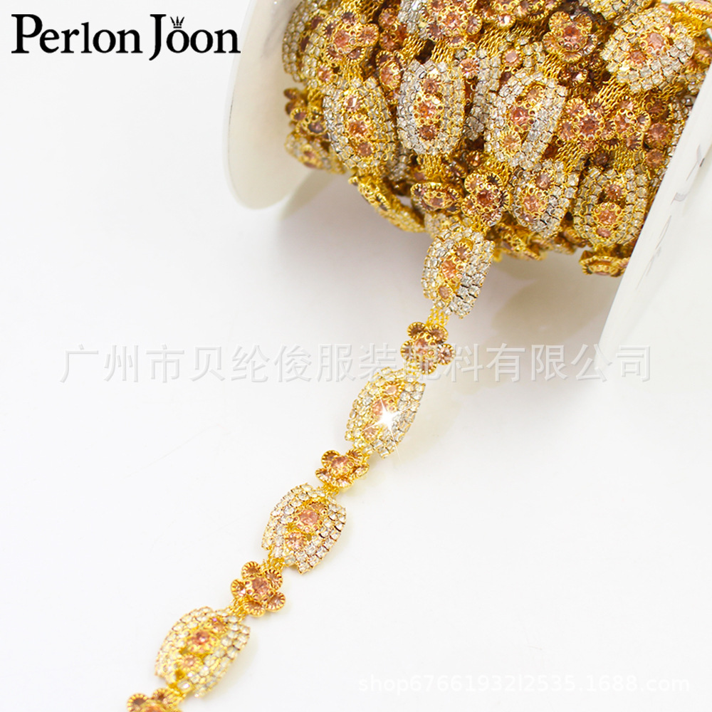 high quality flower champagne color rhinestone gold chain wedding dress decorative metal chain DIY clothing accessories