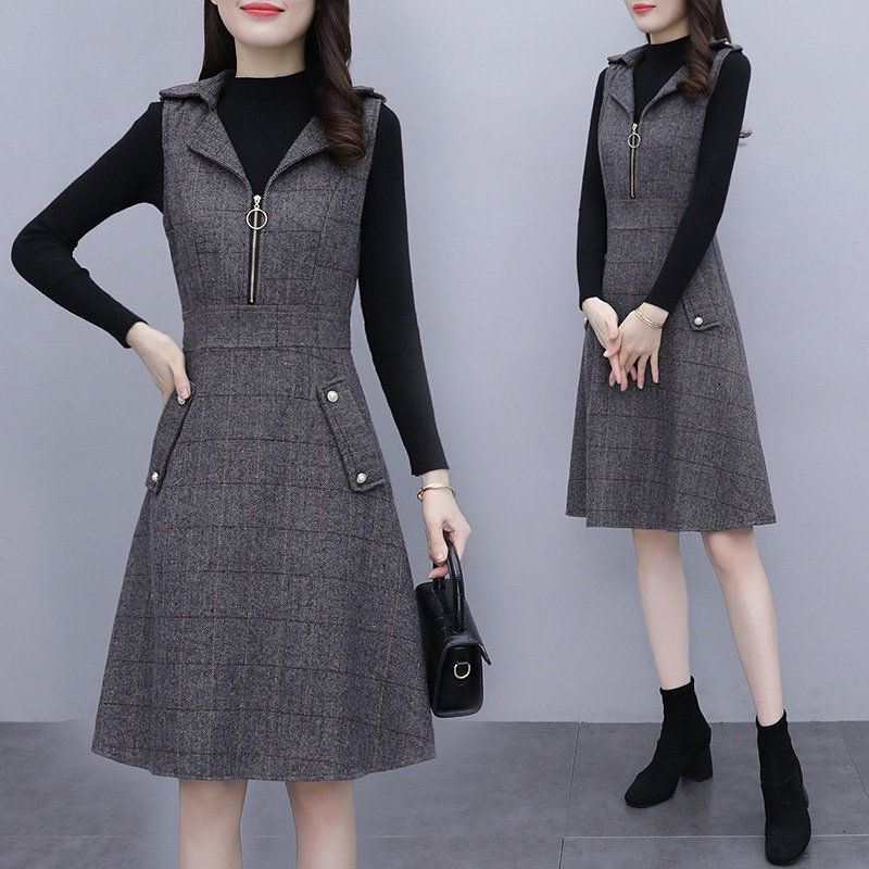 Picture of Single Piece/suit Vest Dress Women's Autumn and Winter Wool Plaid Sleeveless dress Outer Wear Slimming Mid-length A- line Dress
