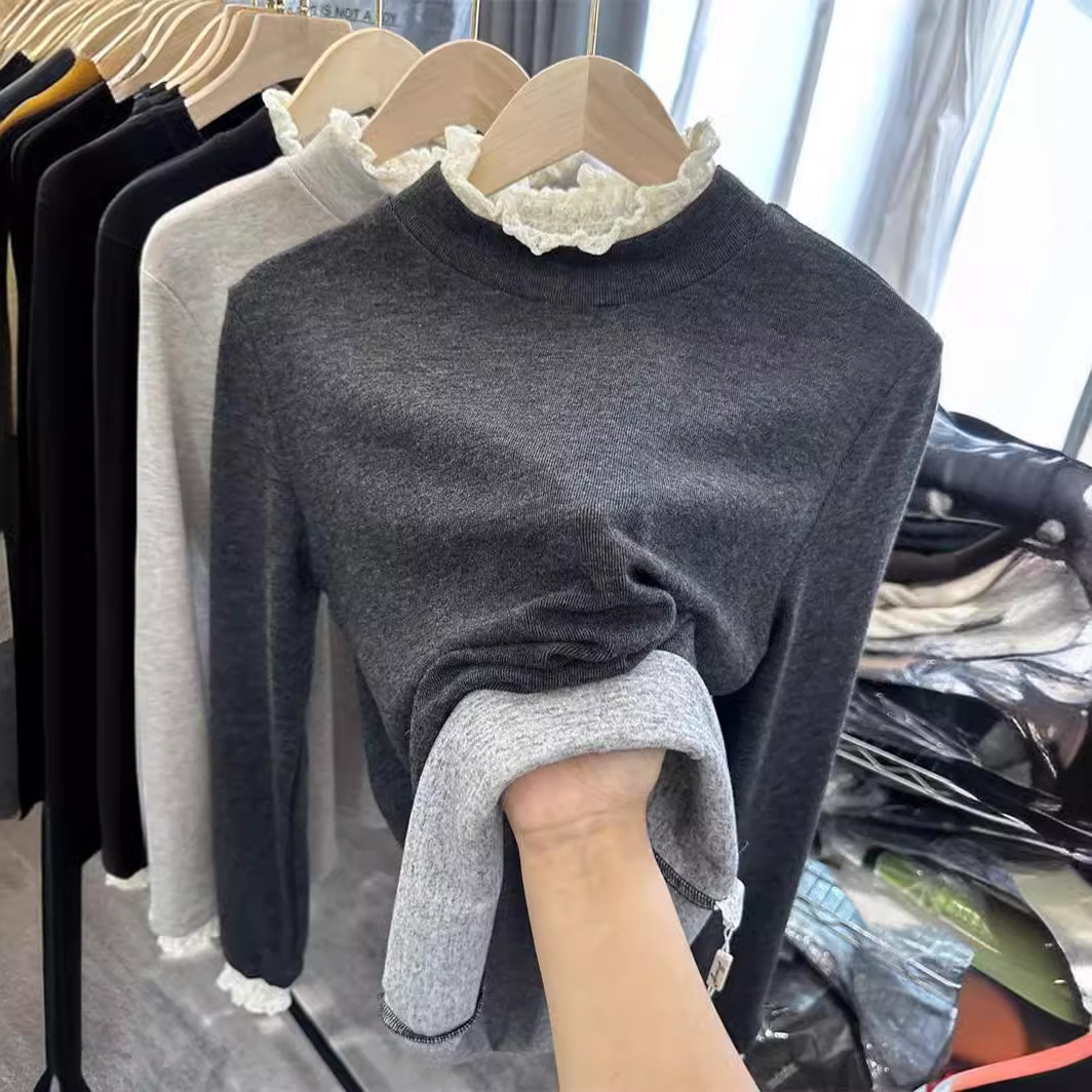 French-style Ear Fringed Warm Semi-high Neck Long-sleeved T-shirt Women's New Style Simple Style Base Shirt for Autumn and Winter 2024