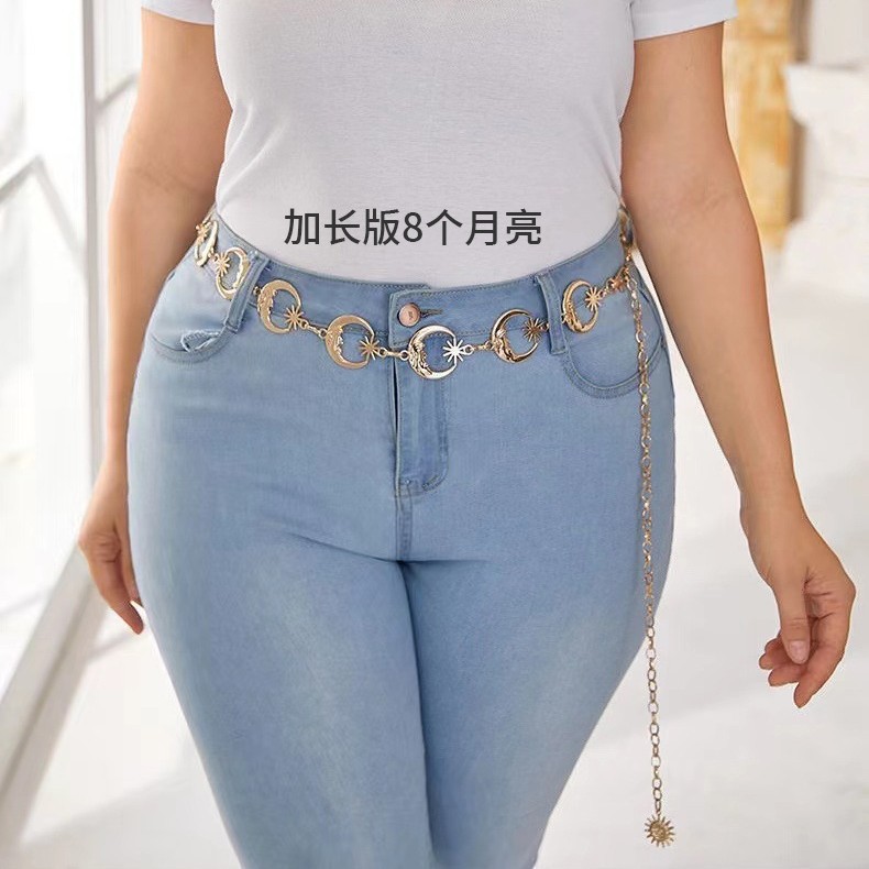 Cross-Border New Metal Sun and Moon Waist Chain for Women, Simple Matchinging Dress Belt, Extended Girdle, Trendy Waist Ornament