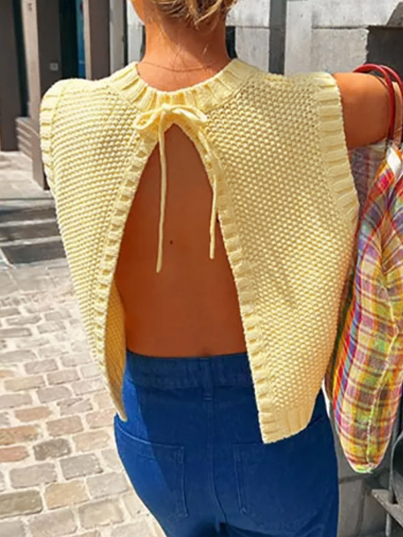 Foreign Trade Cross-Border European and American Amazon Source Manufacturer Knitted Sweater Women's Round Neck Backless Vest Pullover Spring and Summer