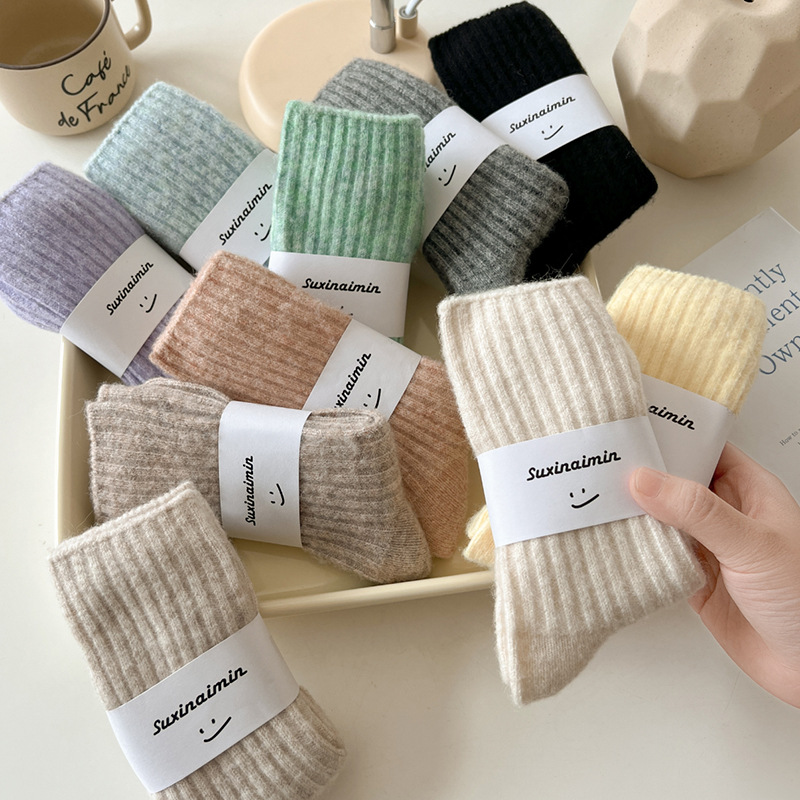 Socks Women's Autumn and Winter Earth Color Thickened Winter fleece-lined Wool Mid-Socks Women's Instagram Style Trendy Striped Stacked Socks