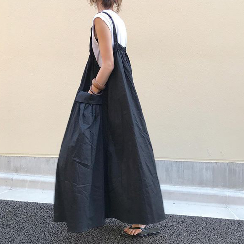 A large number of in stock cross-border suspender skirt women's 2024 summer long large pocket knee-length cotton pocket suspender skirt