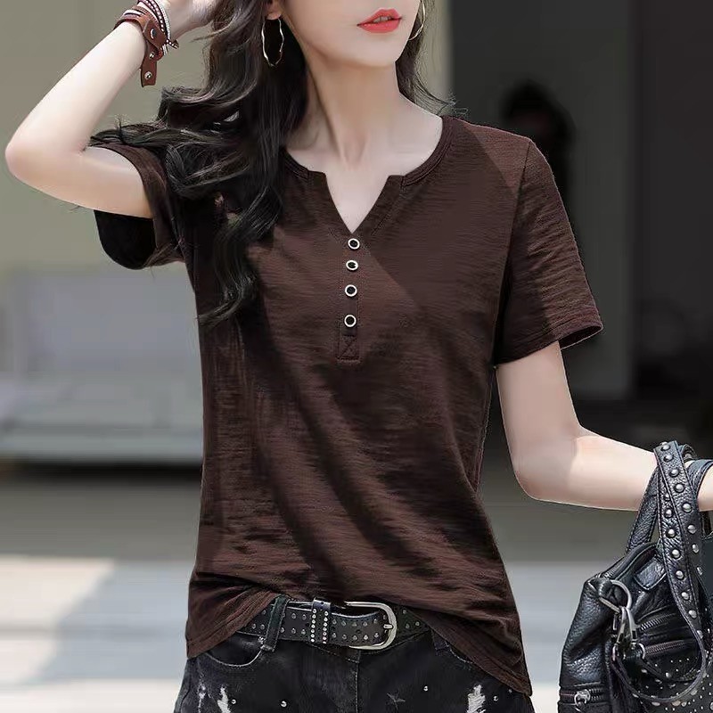 Sleeve T-shirt Women's V-neck Slimming Summer Korean-style All-match Large Size Solid Color Simple All-match Half-sleeve Top