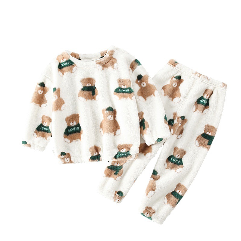 Children's Flannel Pajamas Set, Boys and Girls Baby Home Clothes, Fleece-Lined Two-Piece Set, Cartoon Print, Fleece-Lined and Thickened