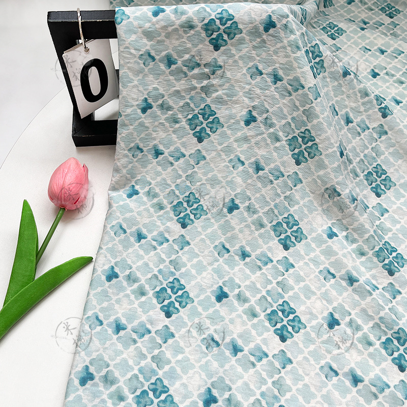 Ripple blue pattern digital printed fabric brocade cotton fabric national style cheongsam dress top Hanfu handmade fabric