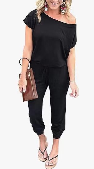 Picture of 2024 European and American Cross-border Spring and Summer Fashion Slanted Shoulder Short-sleeved Flap Pocket Pants Women's Jumpsuit