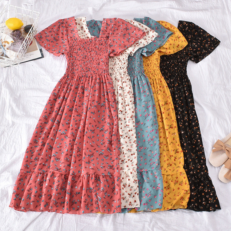Cross-border foreign trade French retro square collar floral skirt women's small high waist puff sleeve sweet short dress Spring