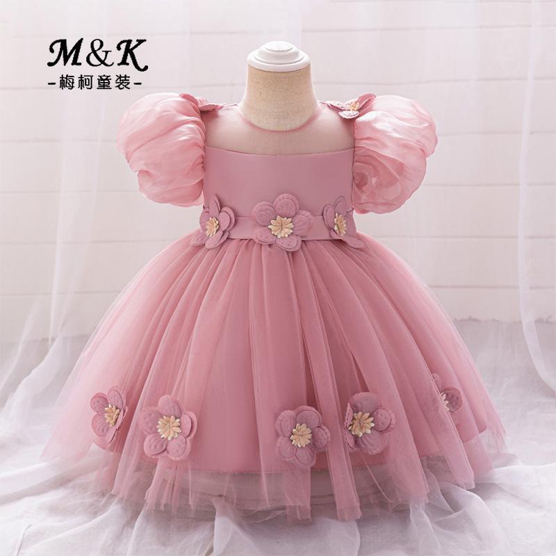 Cross-border Summer New Girls' Dress One-year-old Princess Dress Solid Color dress Mesh Puff Sleeve Decal dress