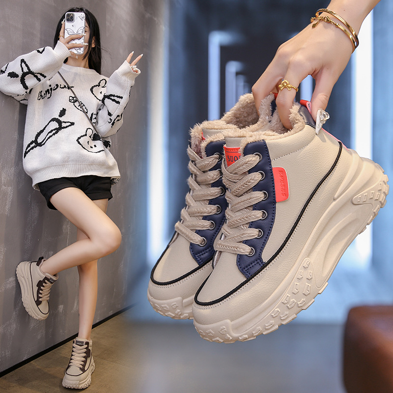 2024 winter fleece-lined warm thick-soled cotton-padded shoes women's Korean-style high-top ins fashion student casual sports women's shoes K6717