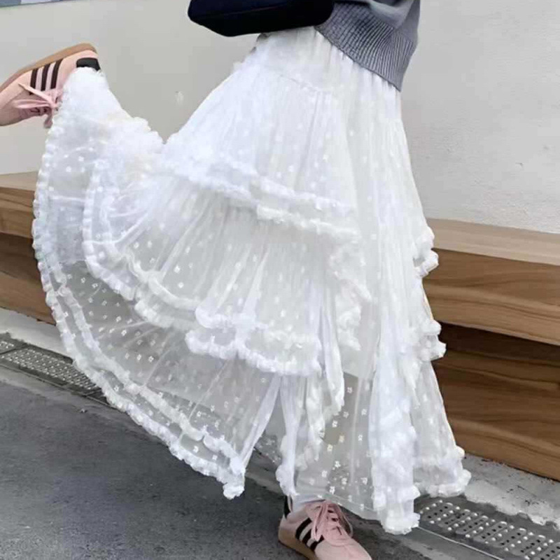 2025 Early Spring New Solid Color Lace Skirt Women's Autumn and Winter New A- Shaped Veil Skirt Pompous Cake Long Skirt