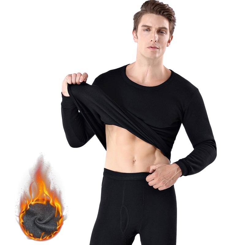 Men's Autumn Thermal Underwear Set with Fleece, Round Neck, Polyester, Thickened for Warmth, Winter Pajamas and Sleep Pants