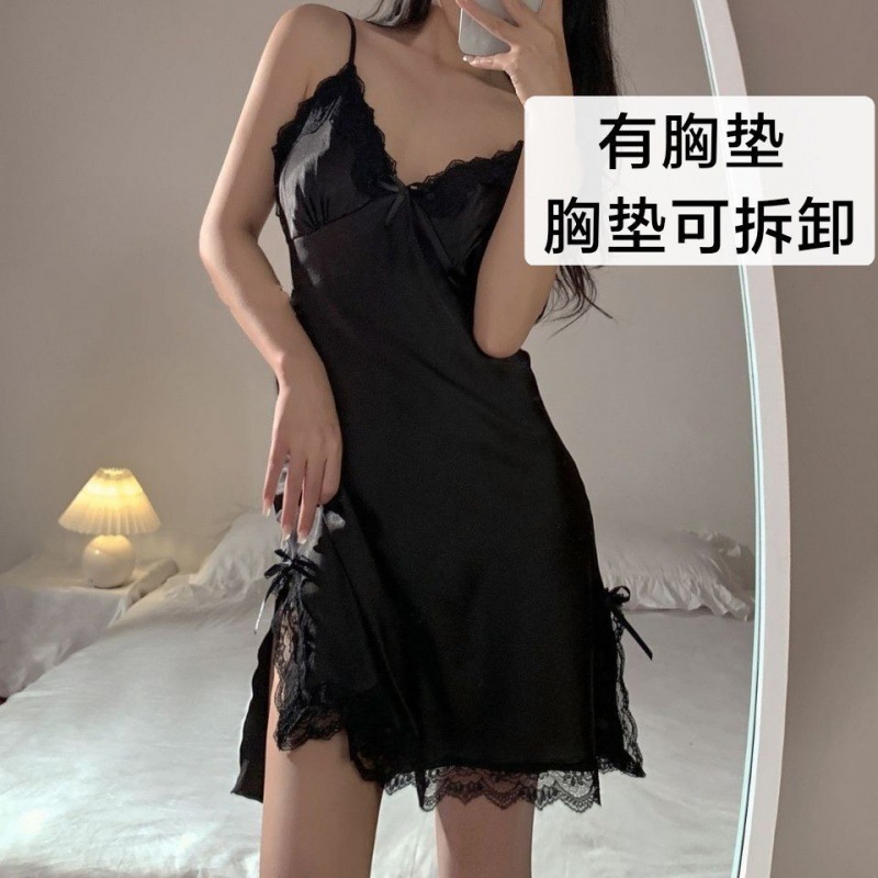 Picture of Pajamas female Orange Lady: sexy private room lace spring and summer ice silk nightdress short skirt beautiful back strap thin