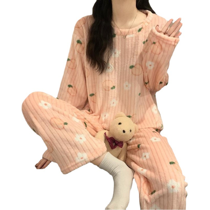 2025 Autumn and Winter Peach Print Coral Velvet Pajamas and Pajamas Warm Suit Cartoon Sweet Home Clothes for Women