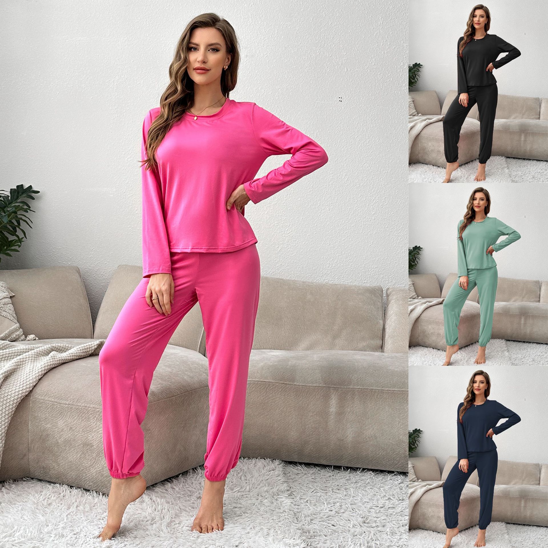 2025 Cross-Border Autumn and Winter Home Wear Soft and Comfortable Women's Pajamas Set Long-Sleeved Pants Solid Color Wholesale