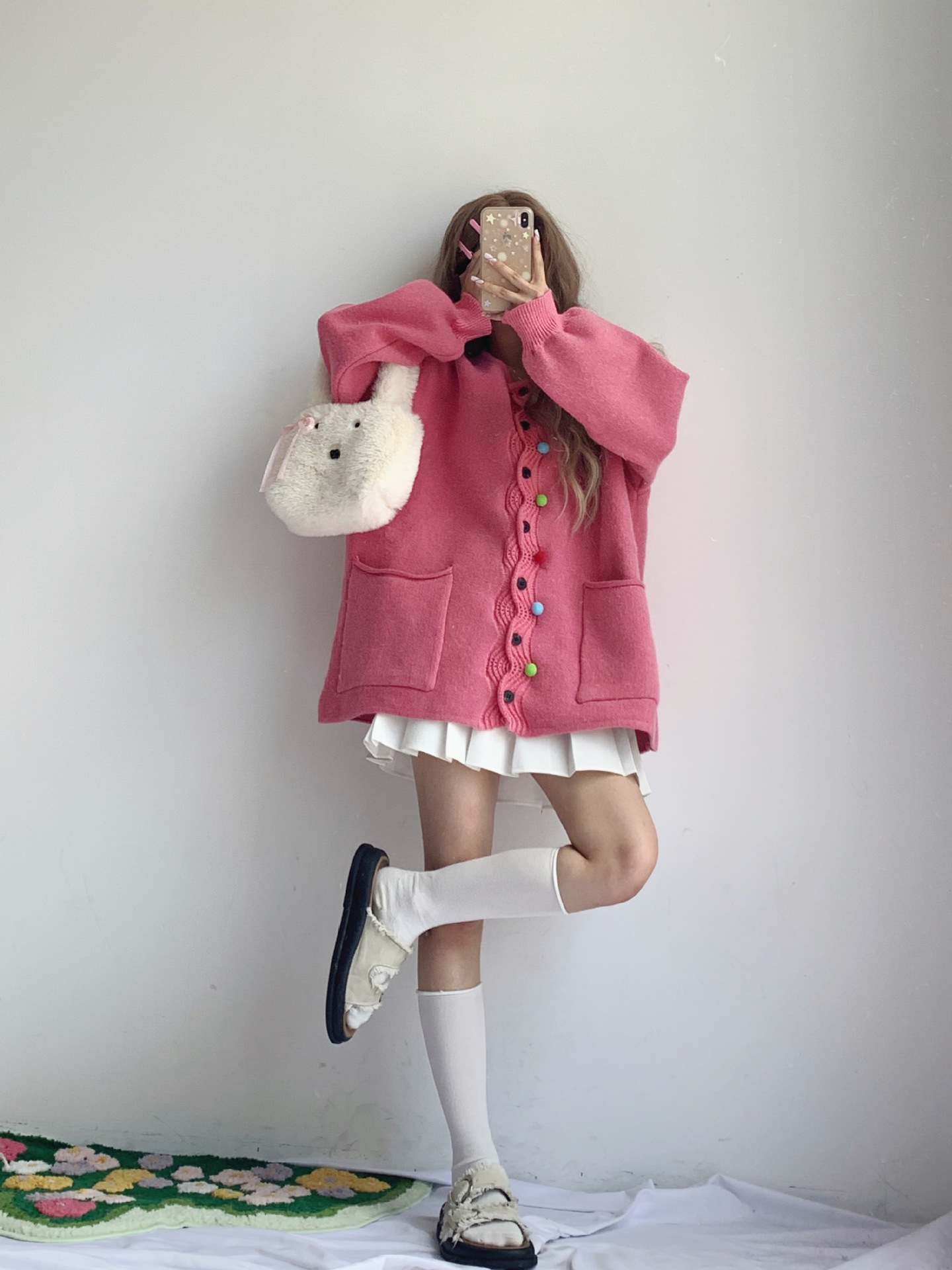 Soft Waxy Sweet Pink Sweater Coat Women's Spring and Autumn Loose Lazy Style Design Sense Color Crochet Knitted Cardigan