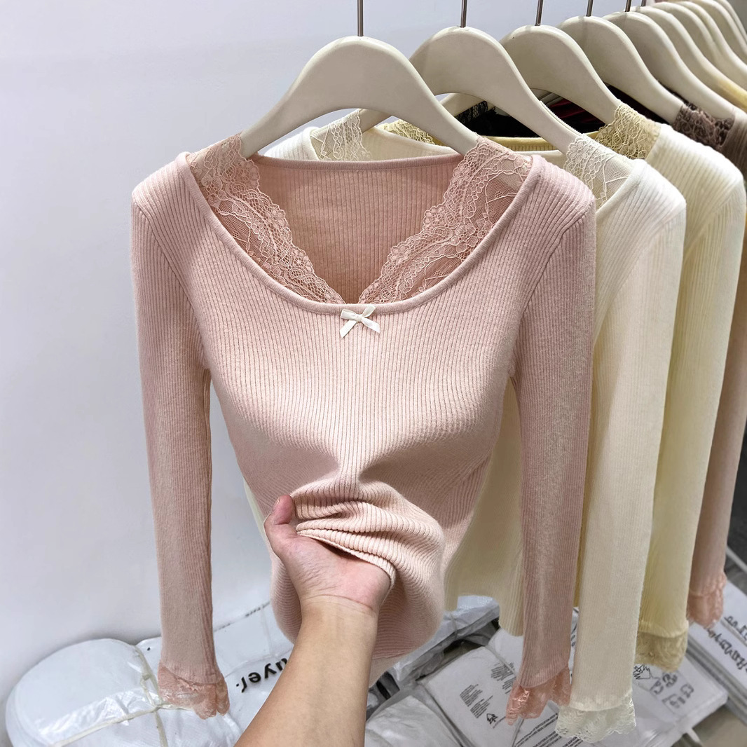 Pure sexy lace stitching long sleeve sweater women's autumn hot girl short slim slim inner jacket wholesale