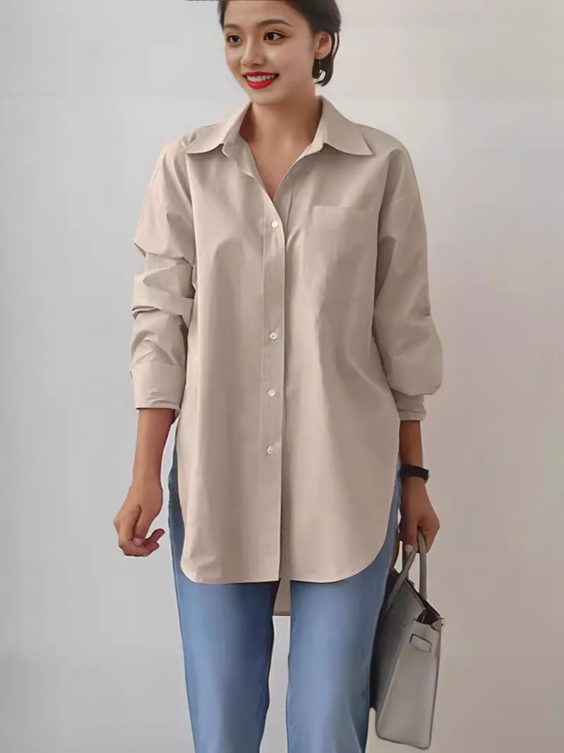 Picture of Elegant lapel long sleeve shirt 2024 fashion women's spring and autumn solid color split hem oversized OL work shirt