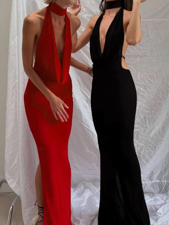 Picture of Europe and the United States wholesale women's 2024 autumn and winter new temperament sexy neck V-neck backless side split dress dress