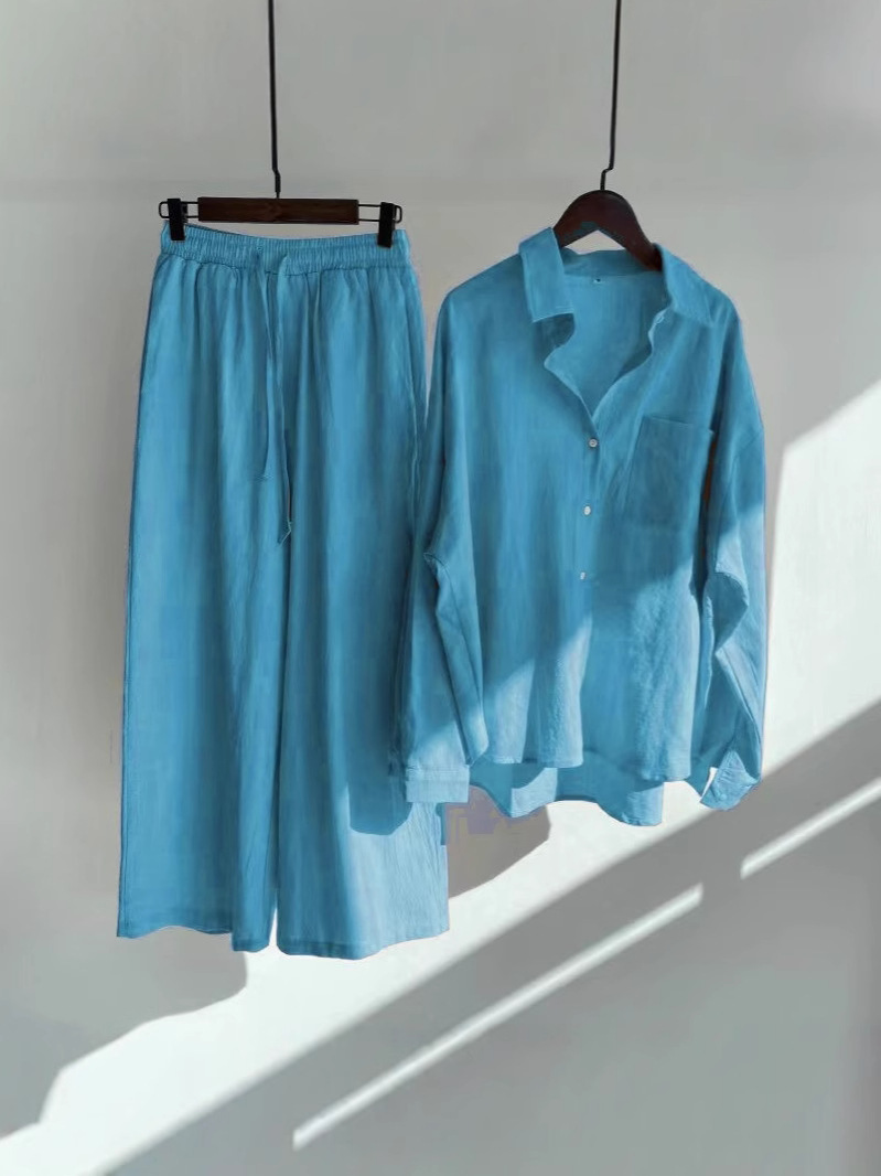 Picture of AliExpress Spring Cross-border plus size Women's Shirt suit Retro Loose High Waist Wide-leg Cropped Pants Two-piece Set for Women