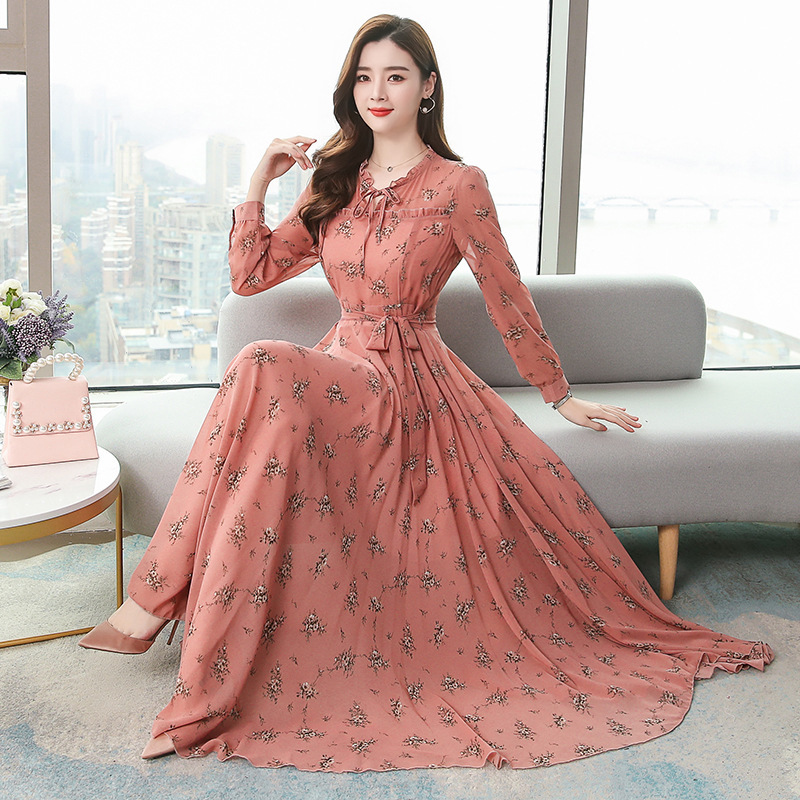 Fashion new dress women's chiffon long sleeve Korean floral new autumn and winter large swing slimming A- line midi dress