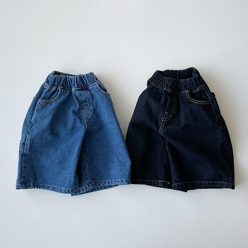 Boys and Girls Ins Denim Shorts Summer New Korean Style Fashionable Kidsren's Wide-Leg Pants Elastic Waist Cropped Pants