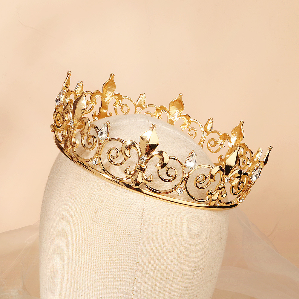 Picture of European and American classic jewelry vintage king crown round gold rhinestone alloy crown men's and women's party ball headdress