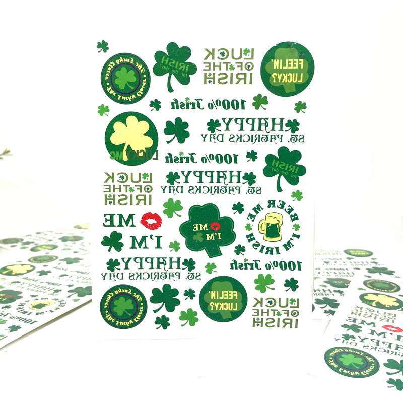Cross-border new Irish festival glitter stickers St. Patrick four-leaf clover tattoo stickers fun face stickers