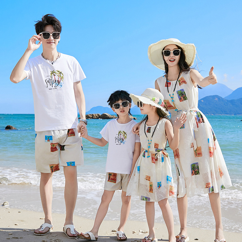 Seaside Holiday parent-child suit a three-Mouth beach dress female women's clothing high-end Western style chiffon dress a family of four