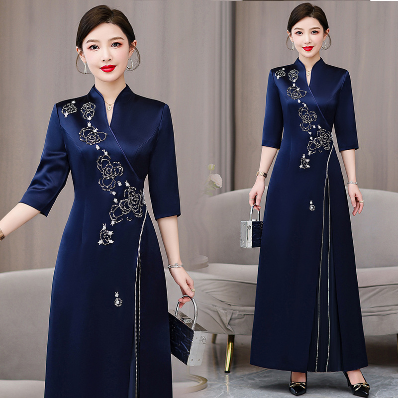 New Elegant Mother's Wedding Banquet Dress 2024 Autum Cheongsam Happy Mother-In-Law Daily Wearable Dress