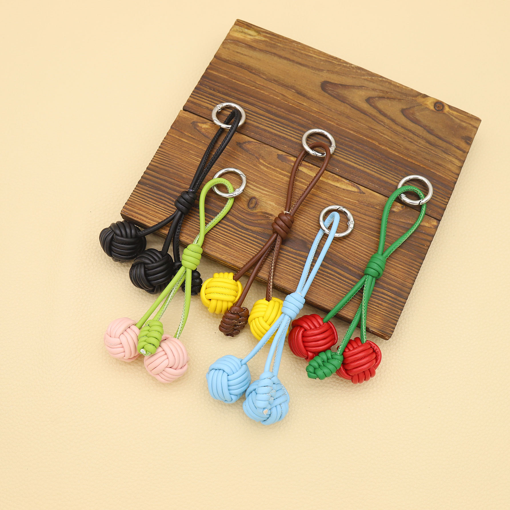 Handmade Diy Contrast Miu Braided Cherry PU Leather Double Spherical Bag Hanging Pendant Keychain Accessories