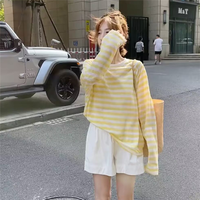 Contrast Striped T-shirt Women's Long-sleeved 2024 Summer New Clothes Casual Loose Thin Blouse Top