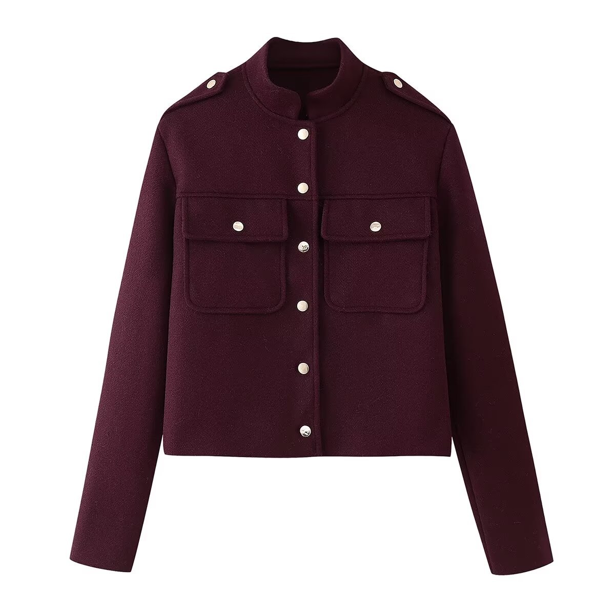 Women's Wine Red Stand Collar Slim Soft Short Jacket Coat 2024 Winter New European and American Cross-border Faux Tweed Top