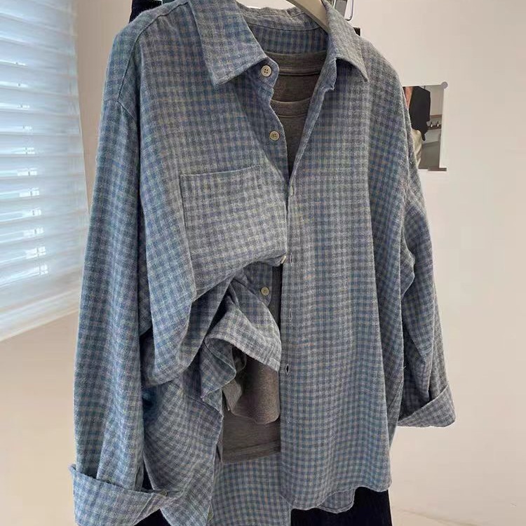 Cross-Border Japanese-Style Women's Autumn Popular Plaid Shirt Thin Cardigan Sun Protection Shirt Cross-Border Plus-Size Blouse French Outerwear