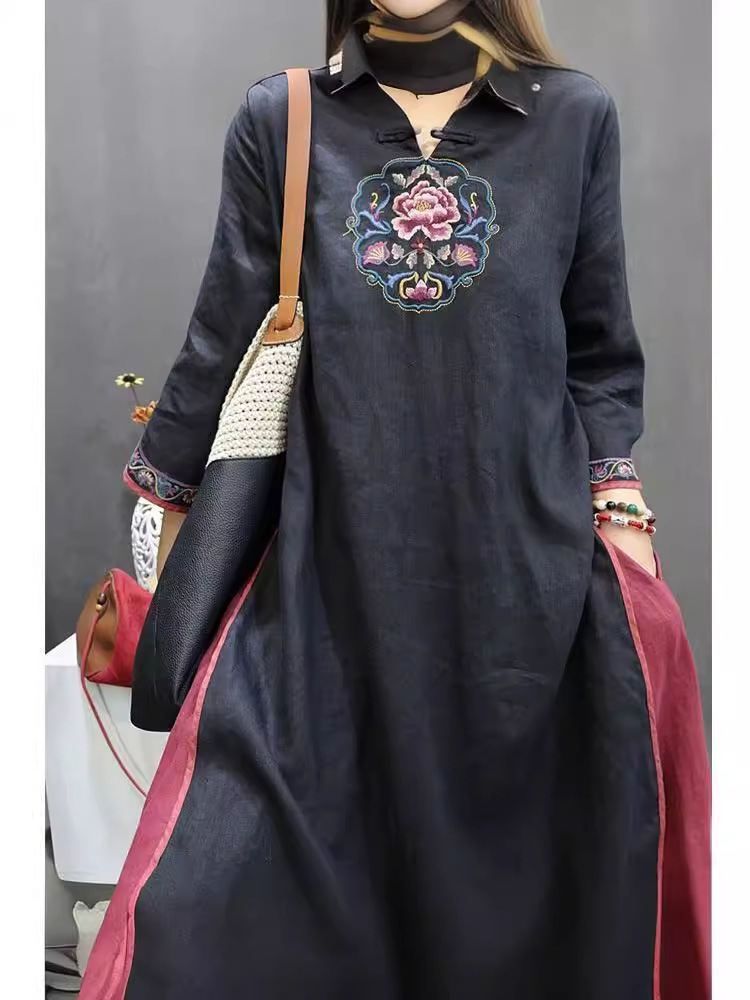 Women's Clothing Chinese Style Cotton and Linen Vintage Guofeng dress Heavy Industry Embroidery Ethnic Mid-length Sleeve Women's Loose Skirt