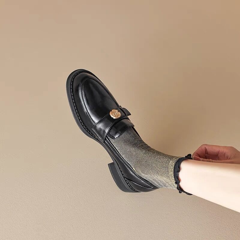 FairyWink Left Bank Paris ~! Thick Heel British Gold Button Loafers Women's Small Leather Shoes Patent Leather Black Shoes