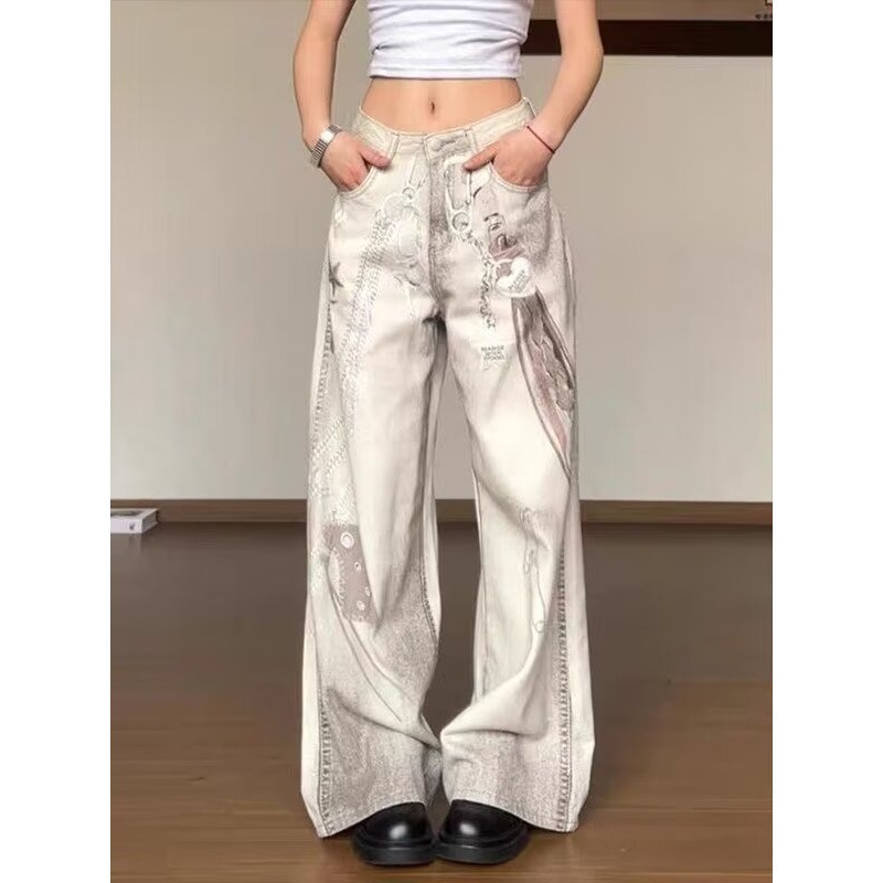 Trendy heavy industry chain print jeans women's summer American design sense hand-painted straight floor-length pants new style