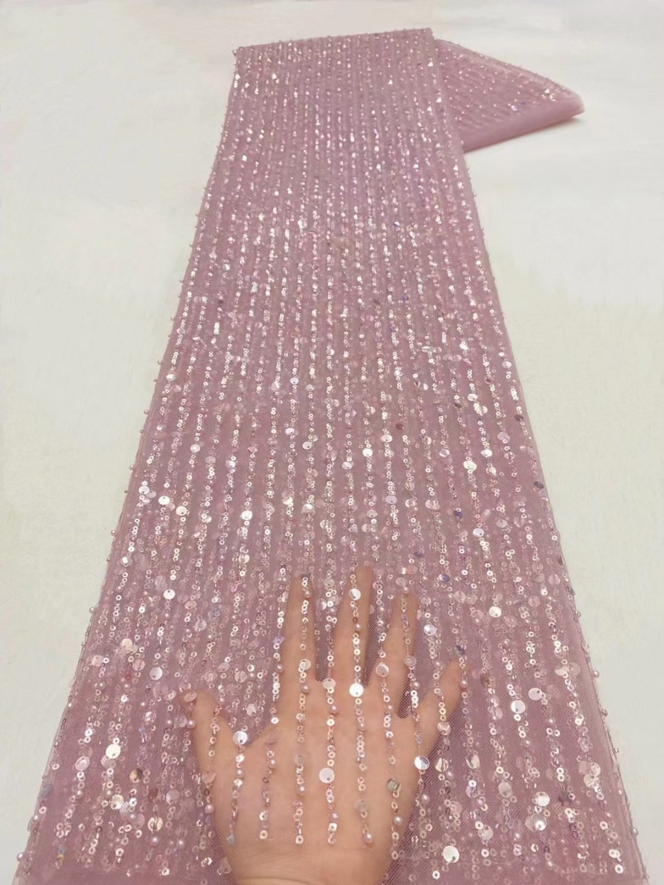 Straight Beaded Tube Embroidered Pink Dress High-end Geometric Pattern European and American Crochet Tassel Water Soluble Three-dimensional Fabric