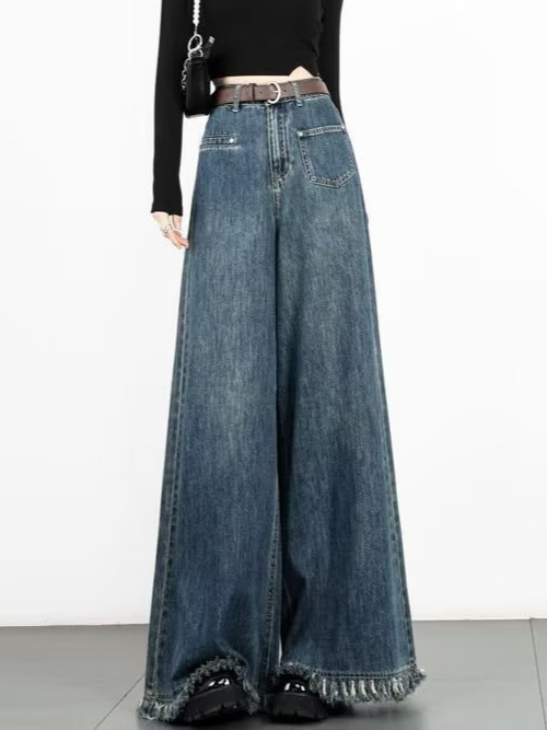 Autumn and Winter Retro Tassel Design Sense Large Wide Leg Jeans Women's New High Waist Slimming Loose Dumped Pants